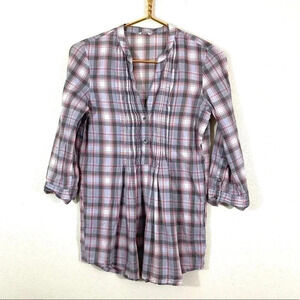 Fossil Tan Plaid Semi-Sheer Shirt Top Size Medium